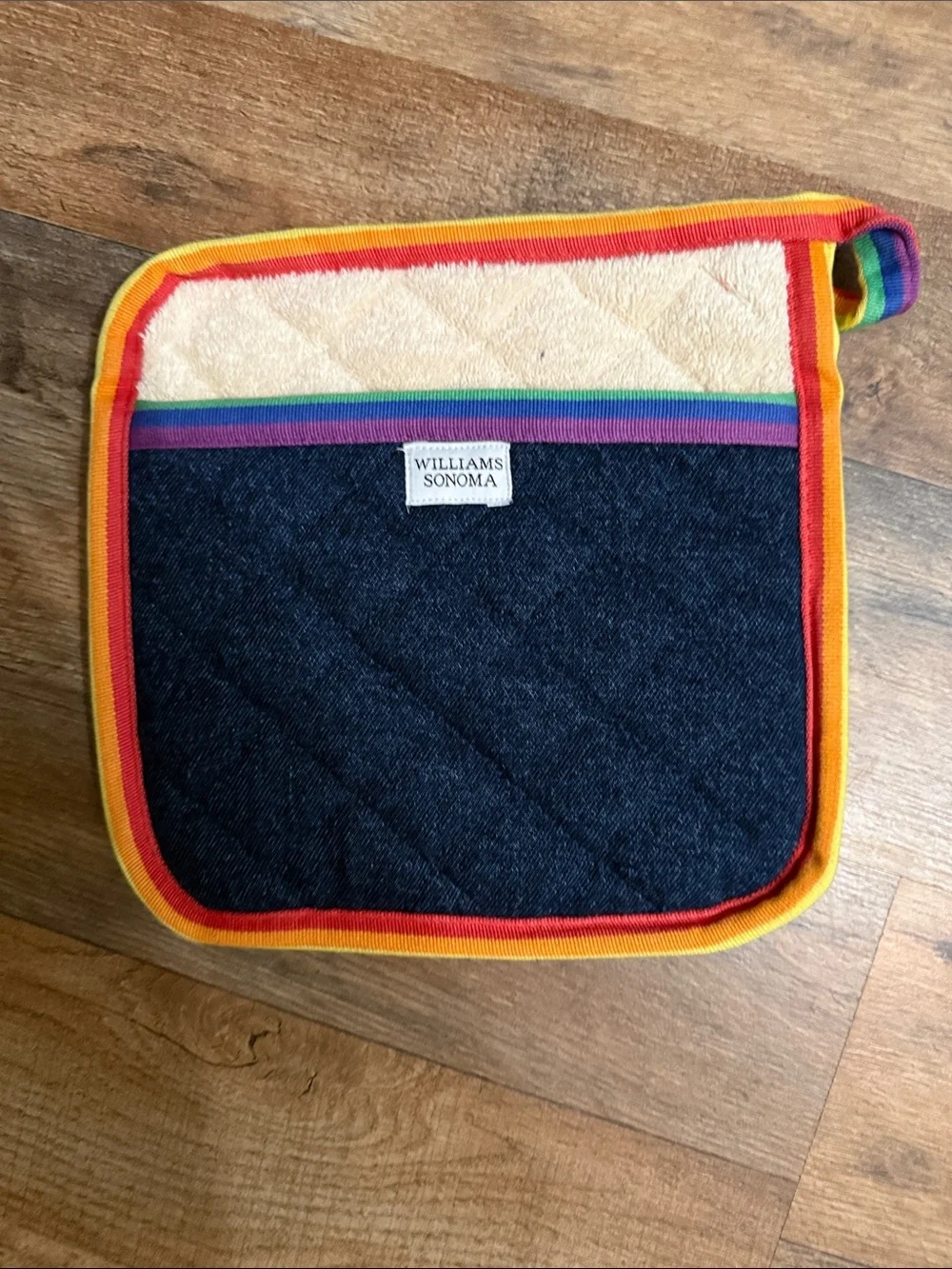 Williams Sonoma Denim-Style Quilted Pot Holder with Rainbow Edge